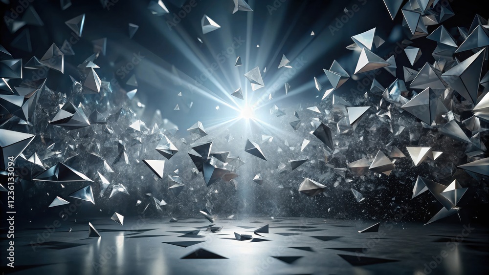 Poster abstract silver geometric shapes suspended in a dark background with a spotlight illuminating the ce