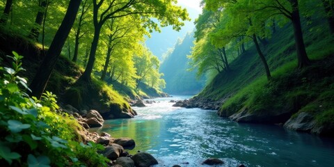 Serene River Flowing Through Lush Green Forest Canyon, Sunlight Dappling the Water and Foliage