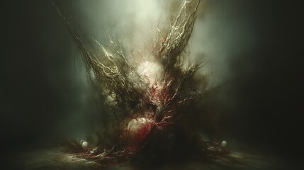 Abstract chaotic dark art; surreal, bloody explosion, textured background; album cover