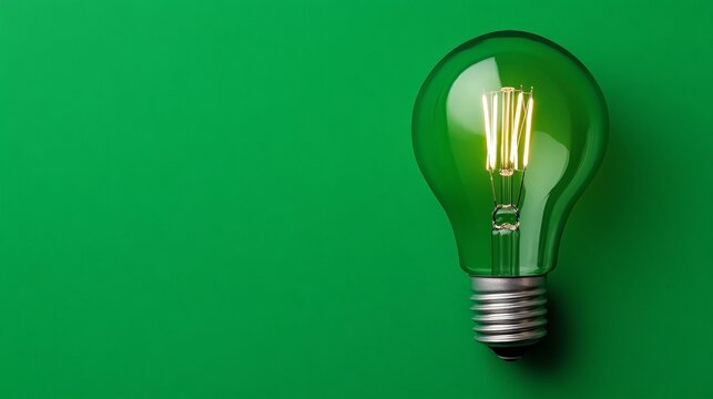 Green Lightbulb on Green Background:  A single, green glass lightbulb with a glowing filament stands out against a vibrant green backdrop, radiating a sense of fresh ideas and innovative thinking.