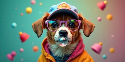 Fototapeta premium A stylish canine model sporting a vibrant orange jacket, pink spectacles, and a trendy blue cap, playfully blowing a bubble against a backdrop of colorful floating objects.