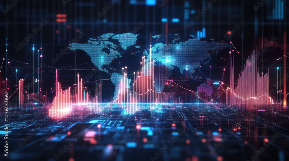 Poster abstract digital world map with data visualization elements