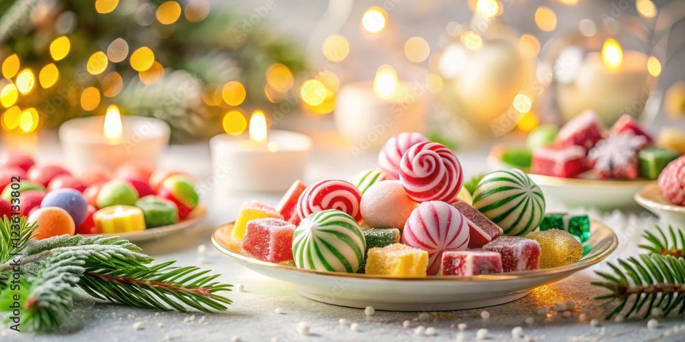 Aufkleber A festive array of colorful candies on a white plate, nestled amidst a soft dusting of white snow and adorned with a sprig of evergreen, reflecting the warm glow of candlelight and twinkling lights.