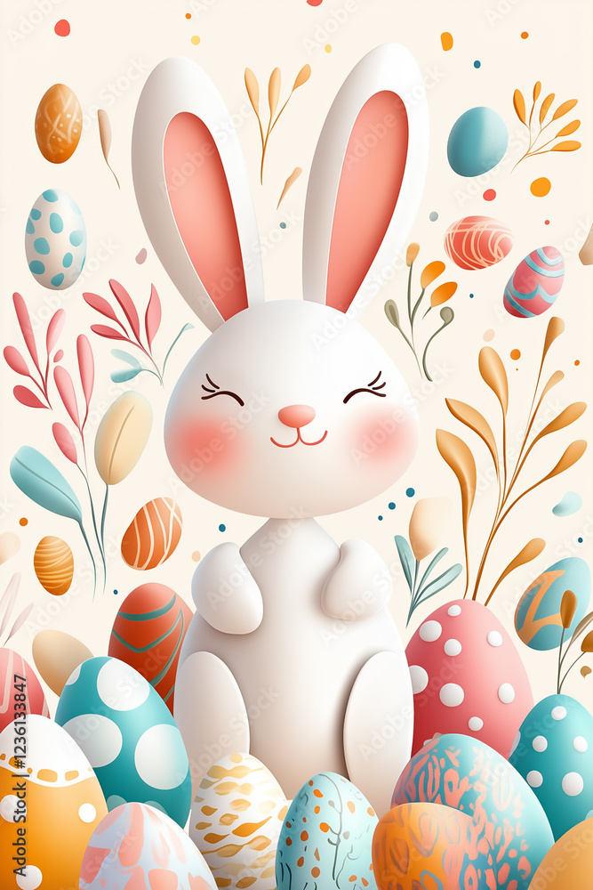 Poster a cheerful bunny is surrounded by a vibrant assortment of easter eggs in various shapes and patterns