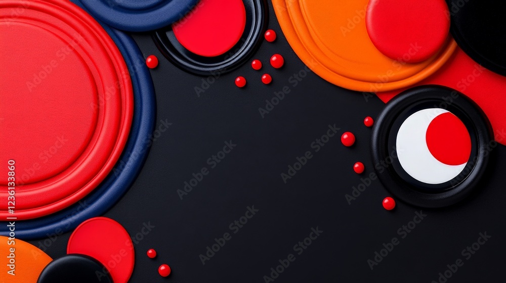 Poster abstract red and black circles: bold, overlapping circles in vibrant red, black, and orange create a