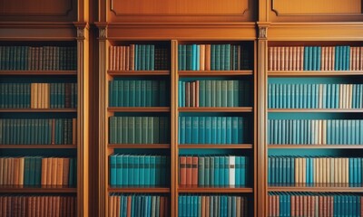 Fototapeta premium Vintage library bookshelves filled with colorful antique books in warm lighting