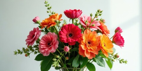 Obraz premium Vibrant gerbera daisy bouquet in a glass vase, a delightful arrangement of pink, red, and orange blossoms, perfect for a celebratory occasion or a thoughtful gift.