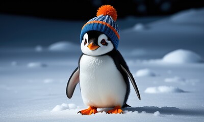 Obraz premium Adorable winter penguin wearing knitted hat in snowy landscape