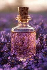 Glittering potion bottle amidst lush lavender field at sunset