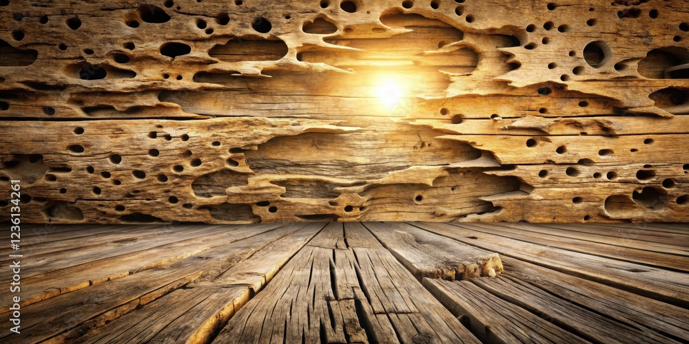 Leinwandbilder A weathered wooden backdrop with an uneven textured surface and a light emanating from behind