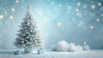 Fototapeta premium A frosted Christmas tree with twinkling lights and ornaments, set against a serene snowy backdrop, adorned with gifts and glowing with festive cheer.