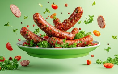 Platter of mixed gourmet sausages levitating with fresh herbs and sauce splashes on a pastel background