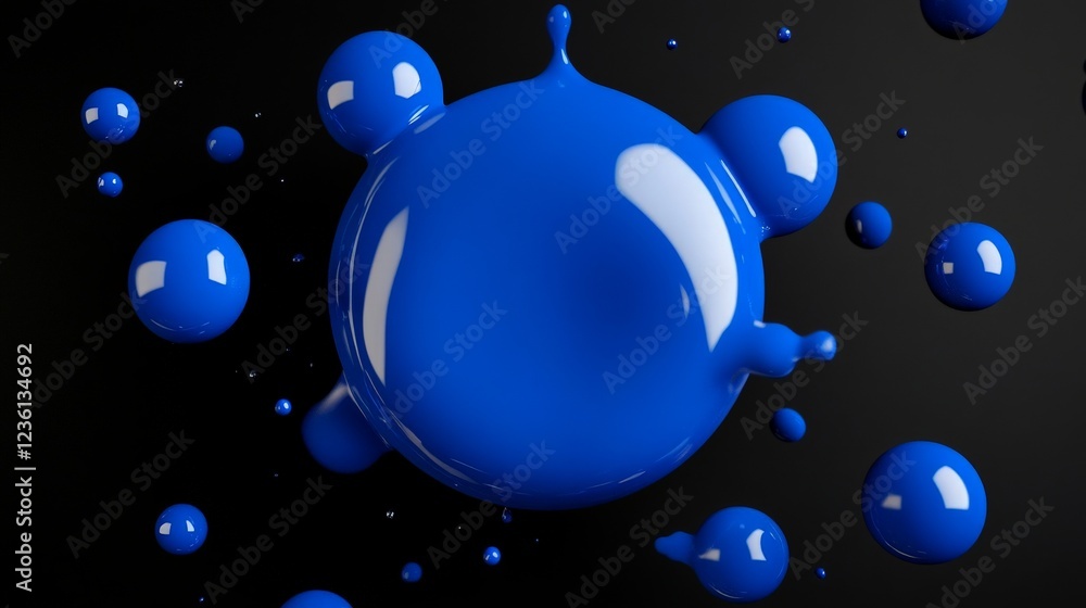 Poster dynamic blue splashes: an abstract close-up showcasing vibrant blue paint droplets exploding against