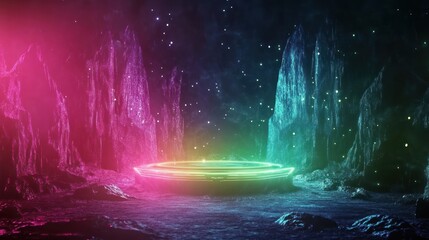 Obraz premium Vibrant Neon Portal Surrounded by Mystical Landscape