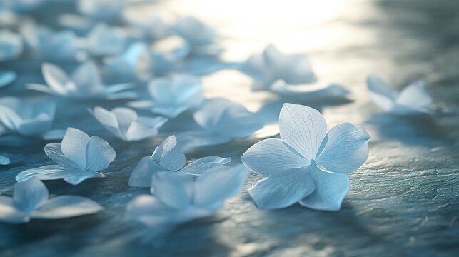Scattered blue hydrangea petals on textured surface, soft light, calming background, perfect for wellness or spa imagery
