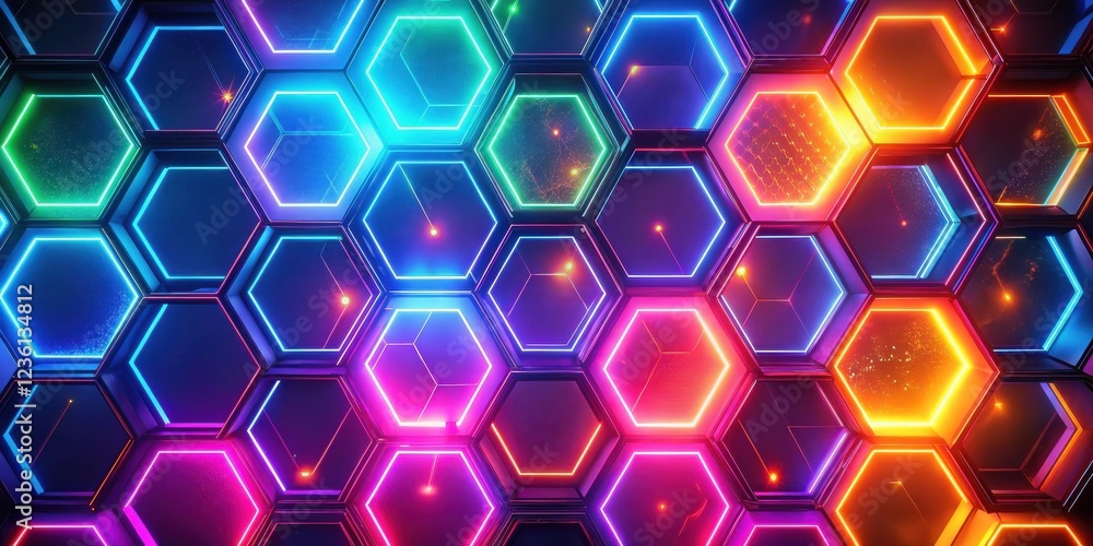 Poster A vibrant and futuristic backdrop featuring a seamless pattern of glowing hexagonal shapes with a captivating interplay of neon colors.