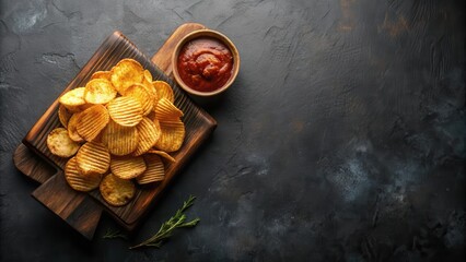 Fototapeta premium A rustic wooden cutting board piled high with crispy potato chips, a small bowl of red sauce, and a sprig of green herbs, resting on a dark textured surface.