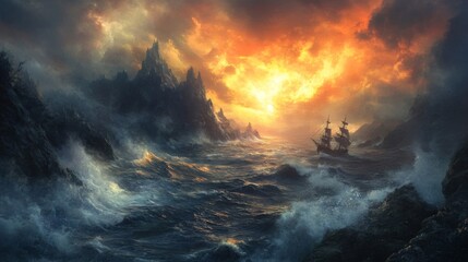 Obraz premium Fiery Sunset over a Stormy Sea with a Ship Approaching a Ruined Castle