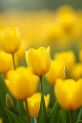 Obraz premium Expansive Field of Golden Yellow Tulips in Full Bloom – Panoramic Spring Landscape for Garden Aesthetics, Nature’s Beauty, and Seasonal Blossoms