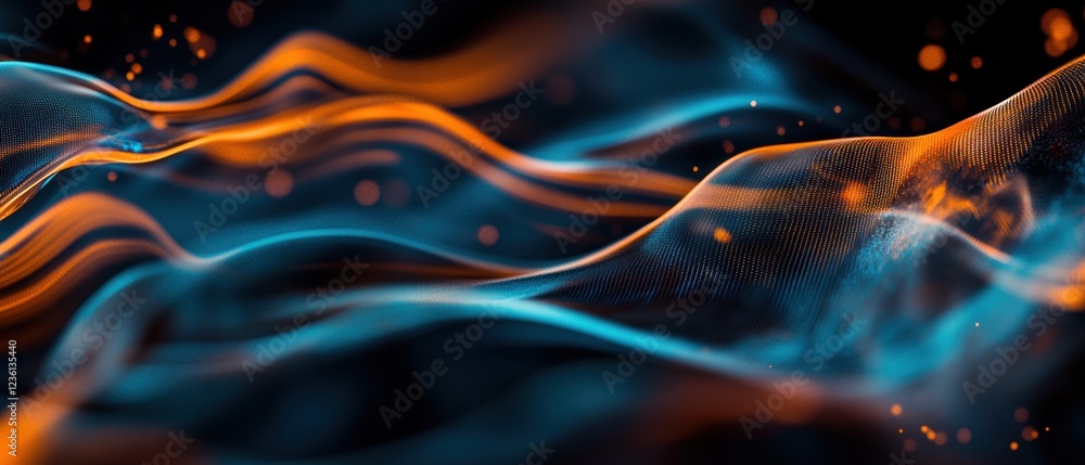 Poster abstract waves in vibrant blue and orange tones creating a dynamic background for technology, art, o