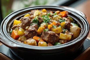 Beef stew with potatoes and vegetables, served in a clay bowl for a warm meal.