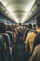 Fototapeta premium Airplane interior filled with passengers, focusing on traveler walking down the aisle. Air travel, aviation experience, and crowded flights in modern airlines.