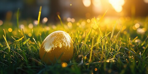 A golden Easter egg resting on green grass during a bright sunny day, symbolizing the arrival of spring and joyous celebrations.