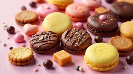 A delightful assortment of colorful macarons, sandwich cookies, and assorted chocolates arranged on a pink surface