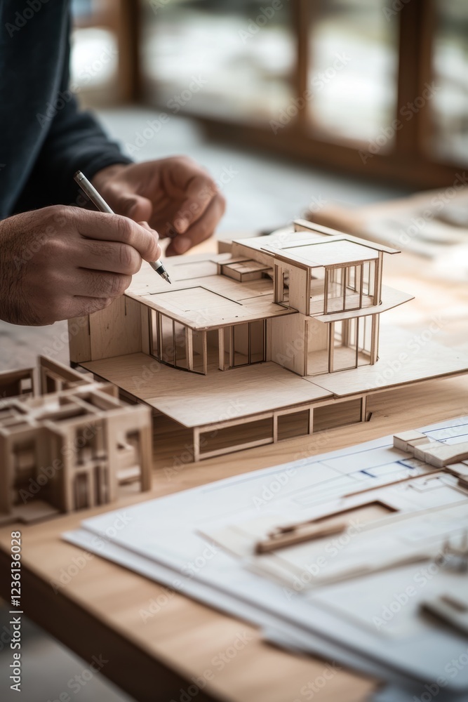 Poster architect working on a wooden scale model of a modern building, alongside blueprints and design sket