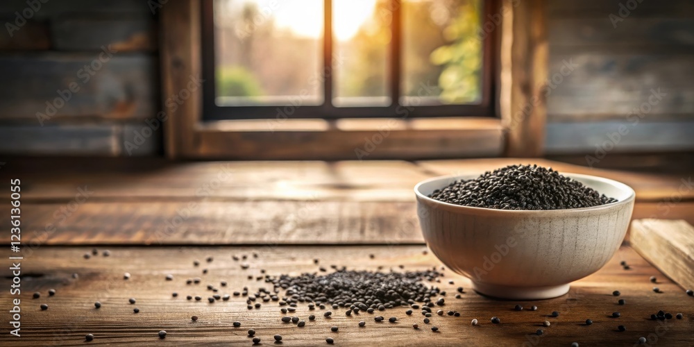 Aufkleber a bowl of black seeds on a wooden surface with scattered seeds and a blurred window in the backgroun