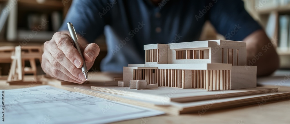 Poster architect working on a wooden building model and blueprints at a desk, showcasing design planning an