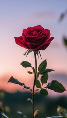 A Single Red Rose Blooms Against a Sunset Sky Captures Romance and Beauty