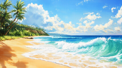 Golden tropical beach with turquoise waters, palm trees, and surfers