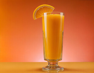 A glass of orange juice with a colored background.