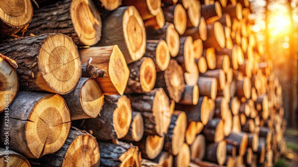 Poster a stack of freshly cut logs bathed in warm afternoon light, showcasing the intricate patterns of the