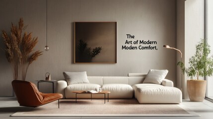 Modern Minimalist Living Room Interior Design with Cream Sofa and Brown Leather Chair