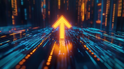Arrow symbol, digital background with abstract data streams representing growth and progress in technology, finance, and business analytics for success.