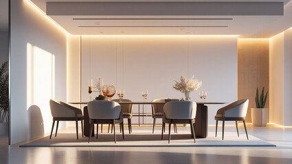 Contemporary dining interior with dining table and chairs.3D illustration