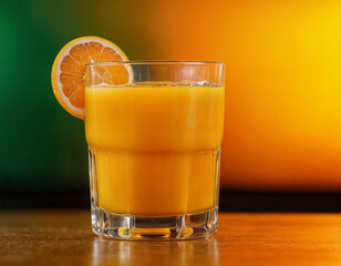 A glass of orange juice with a colored background.