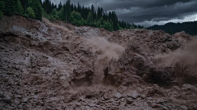 Powerful Mudslide on Steep Mountainside, Force of Nature, Video, Generative AI