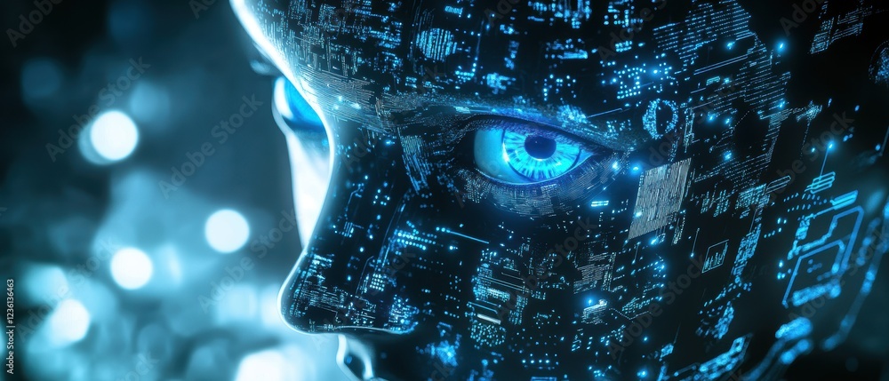Aufkleber artificial intelligence concept with a futuristic human face displaying digital data and glowing blu
