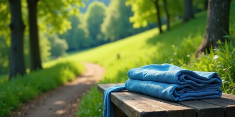 Serene park setting with neatly folded blue towels resting on a rustic wooden bench