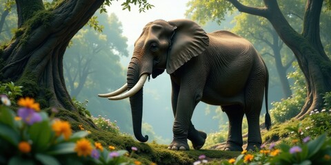 Majestic Elephant Walking Through Lush Forest, Surrounded by Vibrant Flowers and Ancient Trees