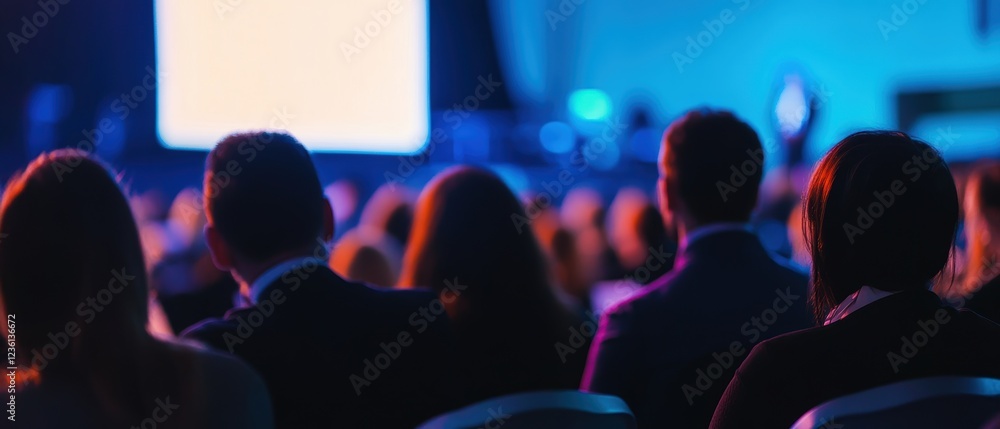 Poster audience members at a conference watching a presentation on stage with bright lights and engaging vi