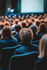 Audience engagement, conference attendees in auditorium listening to keynote speaker during business seminar, networking and professional development event in progress.