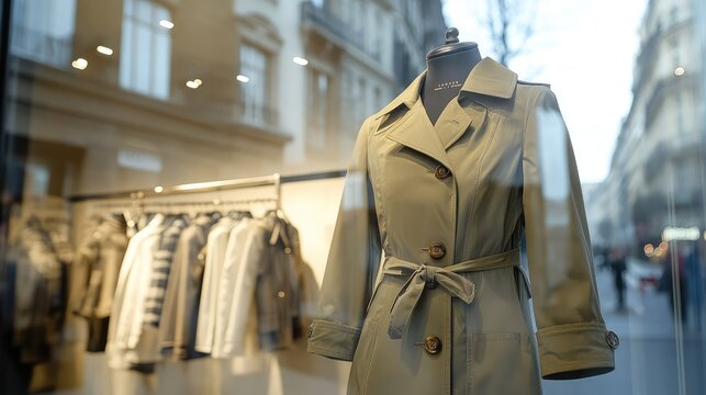 Olive trench coat displayed in a boutique window tempting passersby with its understated elegance