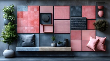 Diagonal view of carefully curated interior design moodboard with textiles pink and black paint samples light grey tiles panels and ample copy space showing a modern design theme Template
