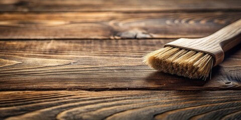 Fototapeta premium A wooden brush rests on a rustic wooden surface, with a focus on the grain of the wood and the texture of the bristles.