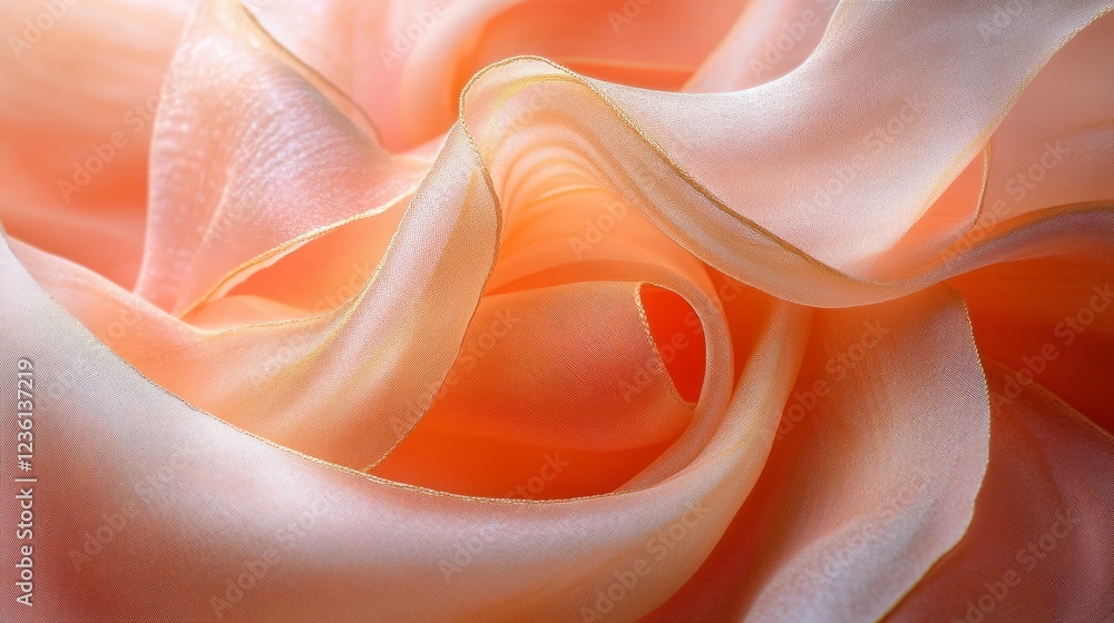 Poster delicate layers of soft fabric swirl in gentle hues of peach and cream, creating an elegant visual t