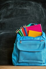 Backpack filled with colorful school supplies on wooden table against black chalkboard, signifying education, creativity, and learning environment for students.